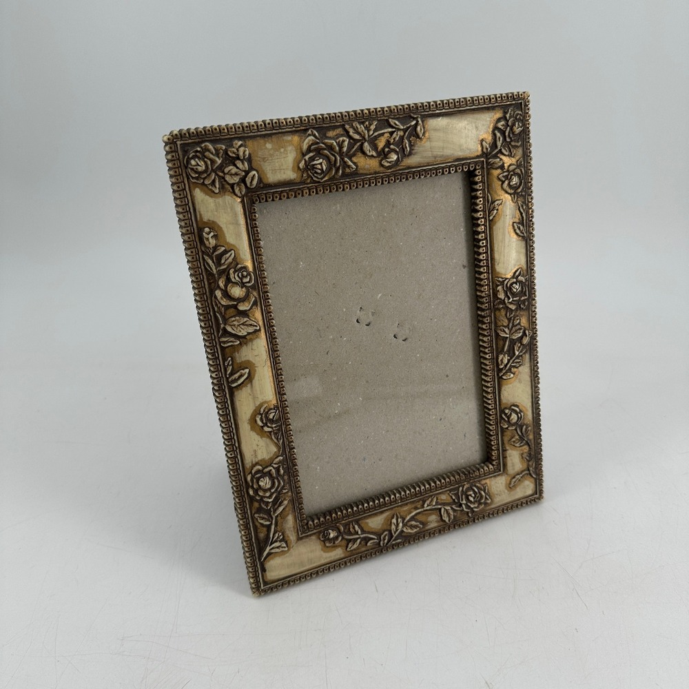 Vintage Style Rose Floral Picture Frame Gold Cream Ornate Tabletop Decor 5x7